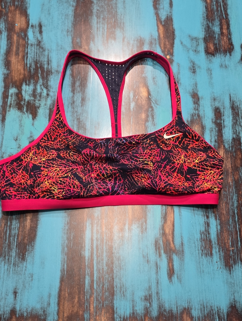 Nike Women's Racerback Swim Sports Bra - Pink/Black with Neon Leaf Print